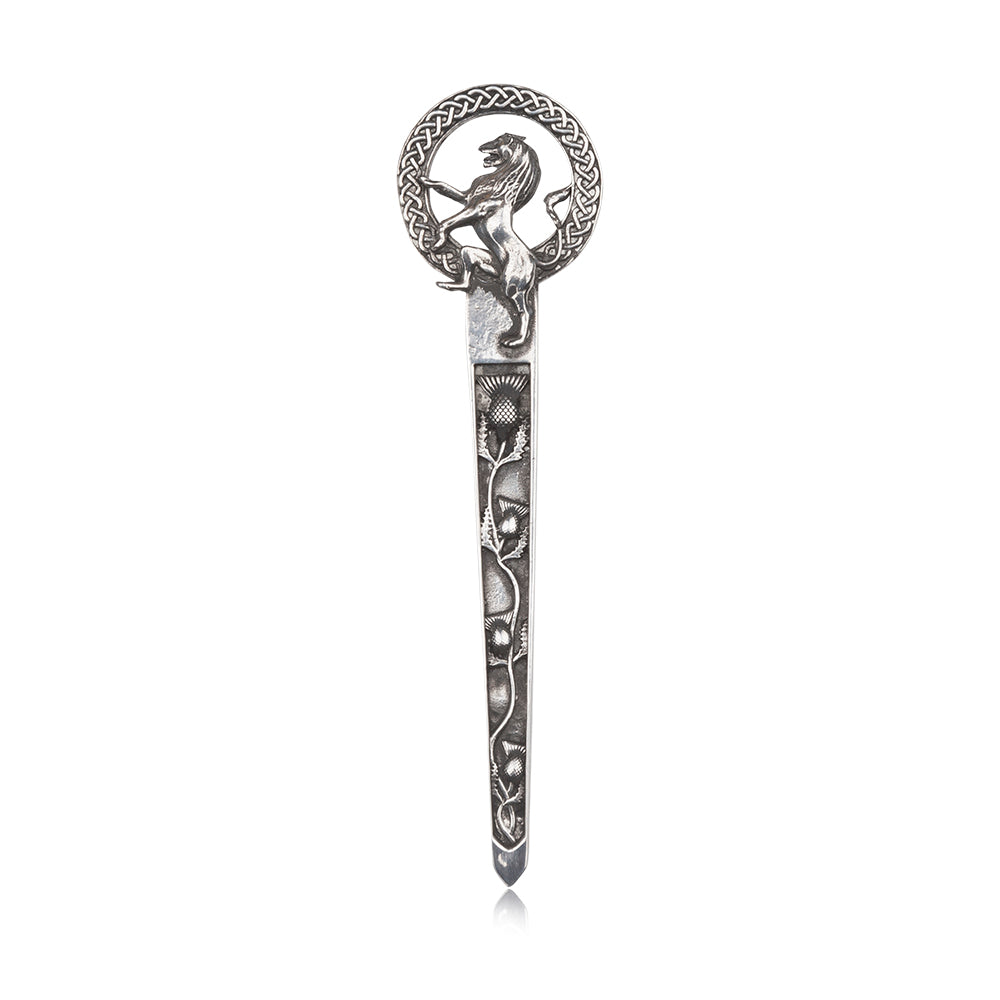 Rampant Lion & Thistles Pewter Kilt Pin - Braemar Highlandwear Polished